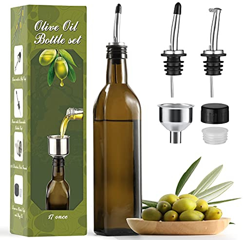 AOZITA 17oz Glass Olive Oil Dispenser - Oil and Vinegar Cruet Bottle with Stainless Steel Pourers - Funnel For Easy Refill - Olive Carafe Decanter for Kitchen