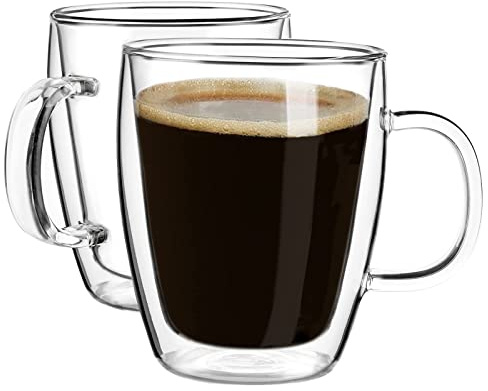 YUNCANG Double Wall Insulated Coffee Mugs, 16 Ounces - Clear Glass, Cappuccino & Latte Cups, Heat Resistant