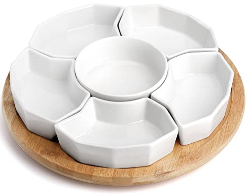 SOUJOY 11'' Lazy Susan Serving Tray, Porcelain 360° Rotatable Serving Tray and Platters, Removable Divided Serving Dishes, Party Relish Bowl for Chip, Dip, Veggies, Candy and Snack, Cheese, 7 Pieces
