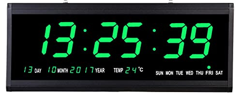 LED digital väggklocka seniorklocka, bordsklocka vardagsrum kontor med datum och temperatur, 480 x 190 x 30 mm (grön text)