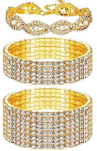 JeryWe 3 Stück Armband Damen Frauen Stretch Tennis Strass Armband Glitzer 5A Zirkonia Armband für Hochzeiten Freundschafts Gold Modeschmuck