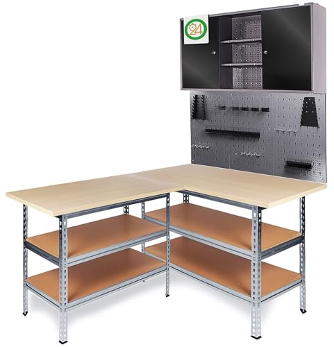 Ondis24 Werkstatt-Set Ecklösung Sparfuchs-Uwe Premium 180 x 120 x 212 cm (H), 2X Werkbank aus Metall, 1x Werkzeugschrank, Lochwand-Set, melaminbeschichtete Arbeitsplatte, Problemlöser für Ecke