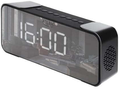 Adlereurope AD 1190 Kabelloser Radiowecker - FM, 3 Weckermodi, LED-Display, Bluetooth 5.0, AUX/SD, 1800 mAh Akku, Spiegeloberfläche, 24/12-Stunden-Uhr, Silber/Schwarz