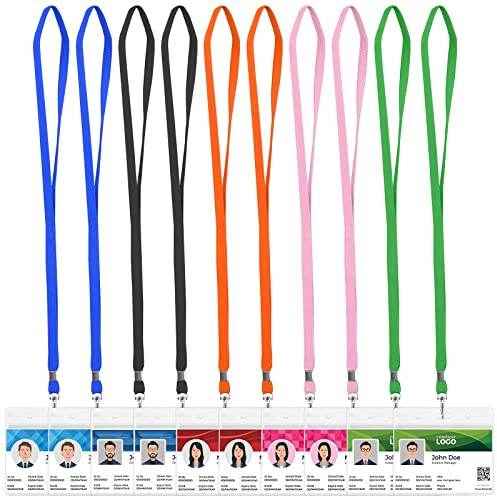 Ausweishülle mit Band,HOMEMARS 10 Stück Kartenhülle mit Band (Lanyard), 10 Stück Schlüsselband, Rosa, Grün, Orange, Schwarz, Blau, 10 Stück Kartenhüllen Transparent für Ausweishülle, Scheckkartenhülle