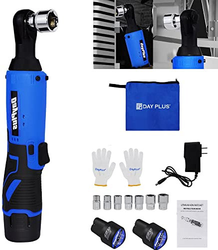 Akku-Ratschenschrauber 3/8 Elektro-Ratschenschrauber-Set, 40 N-m Power-Ratschenwerkzeug mit 2x1,5 Ah Lithium-Batterien, 7 Steckschlüssel-Einsätzen, 2 Schraubendrehern, Schnell-Ladegerät