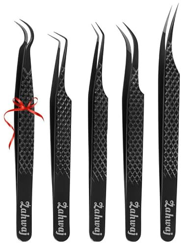 ZAHWAJ Uppsättning av 5 fiberspetspincetter för ögonfransförlängningar, japansk rostfritt stål diamantgrepp ögonfranspincett (svart)