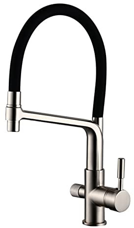 XJTNLB Osmose Armatur Küche Doppelter Ausguss 3 Wege Küchenarmatur mit Brause Ausziehbar 2 Modus Flexibler Wasserhahn Osmoseanlage Direkt an Wasserhahn,Gebürstet