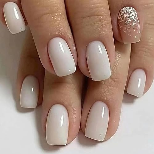 JUSTOTRY 24 Stück Milchig Eckig Nägel Zum Aufkleben Kurz mit Glitter,Weiß Press on Nails,Kunstnägel Fake Nails für Nails Art,Schöne Square French Fingernägel Künstliche Nägel für Frauen