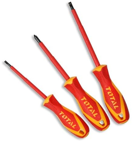 TOTAL - Juego de 3 Destornilladores Aislados - Para Trabajos Eléctricos - Cromo Vanadio - Certificación Estándar VDE - Punta imantada - Incluye destornilladores SL4, SL5 y PH2
