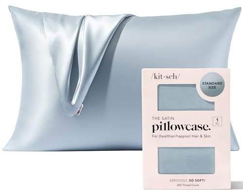 Kitsch Satin Pillowcase with Zipper, Softer Than Real Silk Pillow Cases, Standard Size 19x26 Inches, Breathable Smooth Cooling Pillow Covers for Hair with 600 Thread Count (Haze Blue, Queen, 1 Pc)