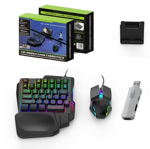 Zunate Half Hand Gaming Keyboard and Combo, Half Hand Gaming Keyboard Set, 4 in 1 Mobile Gaming Keyboard Set with Converter, Adjustable Phone Stand for PC