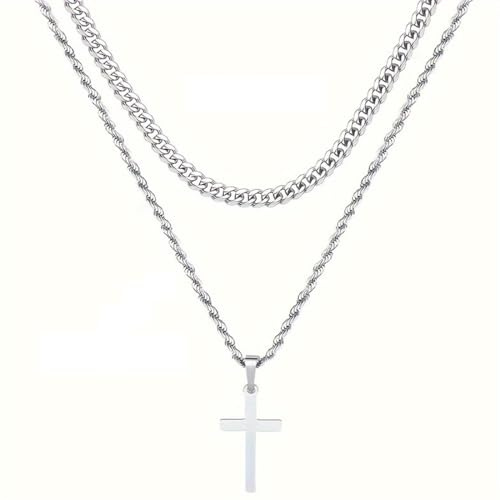 JEYORZY Collar Cruz Hombre Cruz Cadena Acero Inoxidable Plateada, Simple Joyería Regalos Cadena Collar Plata Oro Cadenas para Hombre