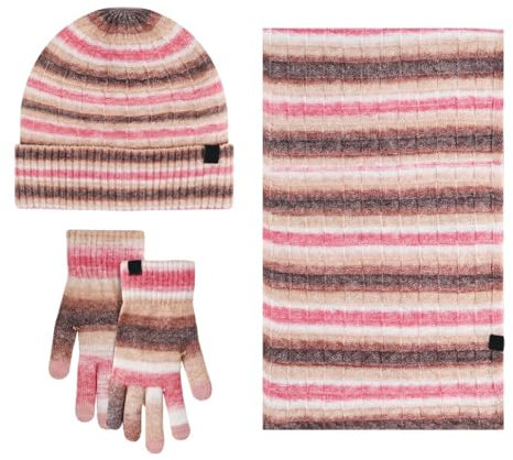 Mütze Schal & Handschuh-Sets für Damen 3 in 1 Set Streifen Farbverlauf Warm Bommelmütze Winter Beanie Mütze Langer Strickschal Mützen Set im Freien Damen Winddicht Gestreift Winterset 3 Teilig