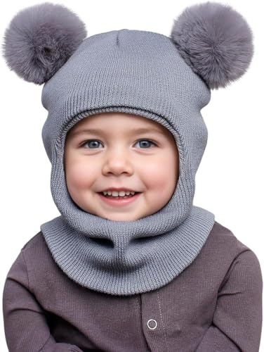 DRESHOW Kinder Wintermütze Warme Schal Schlupfmütze Strickmütze Kapuze Weiche Schalmütze mit Doppelt Bommel Pom Pom Beanie Mütze für Kleinkinder Jungen Mädchen 1-6 Jahre