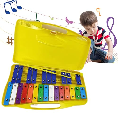 Kids Xylophone de 25 notas Clases de metal coloridas Glockenspiel con estuche y dos mazos de percusión xilófono para principiantes enseñando música para niños regalos de más de 4 años (amarillo)