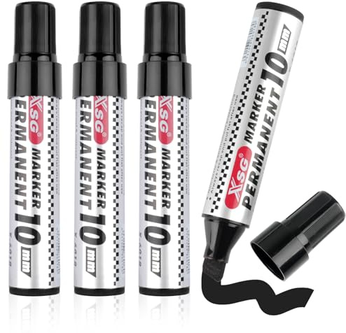 Permanent Marker, 4 Stifte Schwarz Dicke Spitze, Keil-Spitze Wasserfest | 3-10 mm Wasserfeste Stifte, Permanentmarker, Flipchart Stifte, Wischfest Schnell-Trocknend für Glas, Kunststoff, Metall, Holz