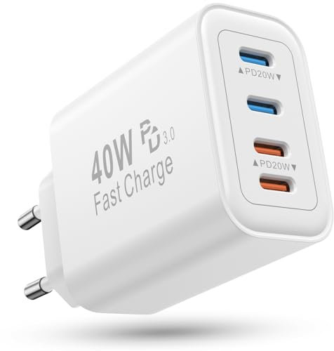 Cargador USB C Carga Rapida, 40W Cargador iPhone, 4 Puertos Múltiple Tipo C Enchufe Compatible con iPhone 16 15 14 13 12 11 Pro MAX XS XR X SE 8 Plus/iPad/Samsung/Xiaomi, USBC Movil Rápido Adaptador