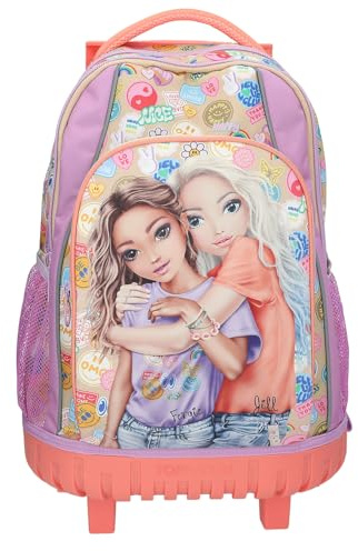 Depesche 13286 TOPModel Girl Power - Schulrucksack Trolley in Lila und Beige, mit Model Motiv und bunten Patches, Schultasche mit Teleskopgriff und Rollen