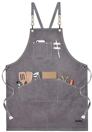 Delantal de trabajo Delantal de trabajo con múltiples bolsillos for hombre, delantal de herramientas ajustable resistente con espalda cruzada de lona de algodón for cocina, jardinería y cafetería(Grey