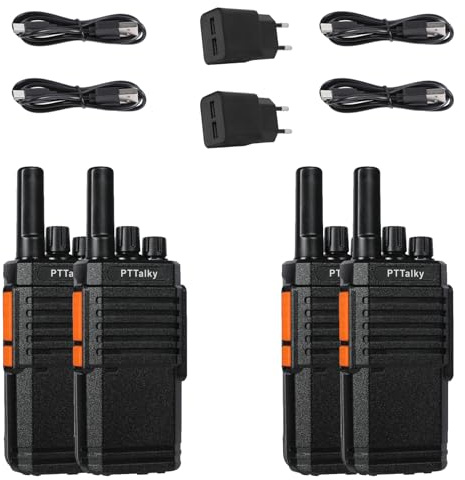 Walkie Talkie Profesional PTTalky PR2,PMR446 Licencia Libre Radiocomunicación,16 Canales Walkies,1000mAh Radio Bidireccional,Soporta VOX,con Cargador Tiop C y Pinganillo Walkie Talkie,Negro,4 Piezas