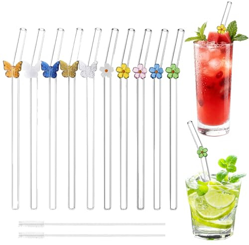 10 cannucce in vetro, cannucce riutilizzabili, in vetro, cannucce di vetro con motivo, cannucce di vetro lunghe, 2 spazzole per la pulizia, adatte per cocco, succhi di frutta, bevande, cocktail