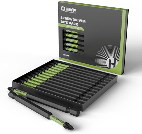 Heifix 12 x 90mm PH2 Impact Screwdriver Bit Set, Eco Storage Box | Long PH2 Phillips Impact Drill Bits With Magnetised Tips For Secure Screw Holding. Supplied In A Reusable Eco Storage Box.