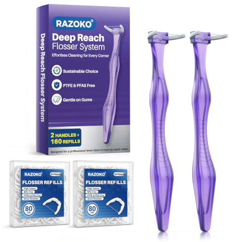 RAZOKO Deep Reach Dental Flosser System – 160 påfyllningshuvuden + 2 återanvändbara långa handtag, PFAS-fri och rivtålig för svåråtkomliga platser, lila