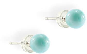 Budawi® Larimar Ohrstecker 6 mm Kugel – Paar – Echter Edelstein – 925 Sterling Silber rhodiniert – Silikon Schraubverschluss – Handgefertigter Ohrschmuck – Lieferung in Geschenkbox