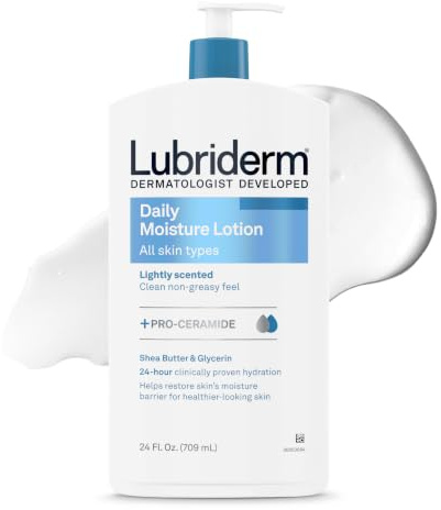 Lubriderm Daily Moisture Lotion + Pro-Ceramide, Shea Butter & Glycerin, Hydrating Face, Hand & Body Lotion, 24-hour Moisturizer for Dry Skin, Paraben & Dye Free, Scented, Non-Greasy, 24 FL OZ