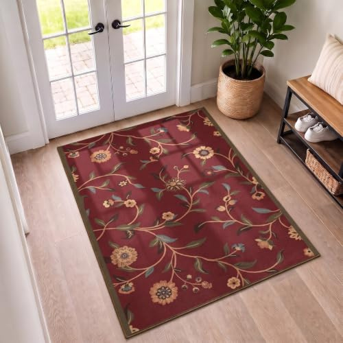 Ottomanson Ottohome-Kollektion Teppich mit Gummirückseite und modernem Blätter-Design, 100 cm x 150 cm, Rot