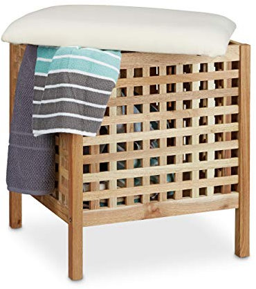 Relaxdays Badhocker Walnuss mit Wäschesammler HBT: 52 x 49 x 49 cm Badhocker mit Sitzkissen aus Leinen und Wäschekorb 52 Liter Sitzhocker mit Stauraum aus Massiv Walnuss Holz, natur weiß