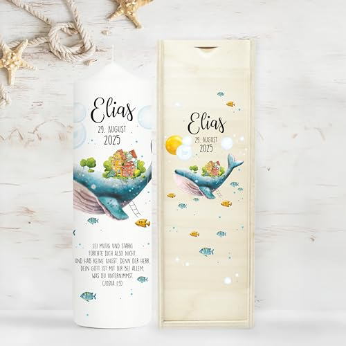 Wandtattoo Loft Taufkerze Junge oder Mädchen Wal Fische blau weiße Kerze zur Taufe, Geburt Kommunion weiß 25 x 7 cm mit Name, Datum, ggf. Taufspruch/Taufkerze 25 x 7 cm