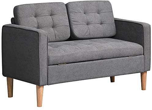 HOMCOM 2 Sitzer Sofa, Couch mit Stauraum, Holzbeine, Gepolsterter Polstersofa mit Samtoptik für Wohnzimmer, Schlafzimmer, 117x 62 x 78 cm, Grau