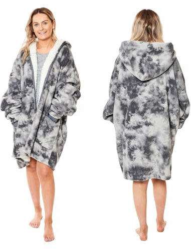 Dreamscene Tie Dye Oversized Hoodie Zip Up Womens Sherpa Fleece Wearable Blanket Giant Sweatshirt Cardigan Jumper, Charcoal Grey