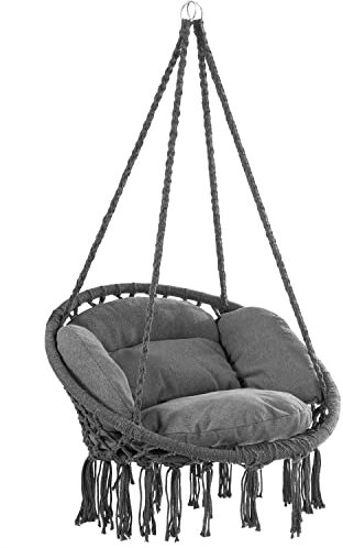 DETEX® Boho Style Hanging Circular Chair | 60cm Diameter Round Seat 150kg Capacity with 2 Cushions | Weatherproof 360° Swing Seat Galvanised Steel Cotton Indoor Outdoor | Anthracite Grey