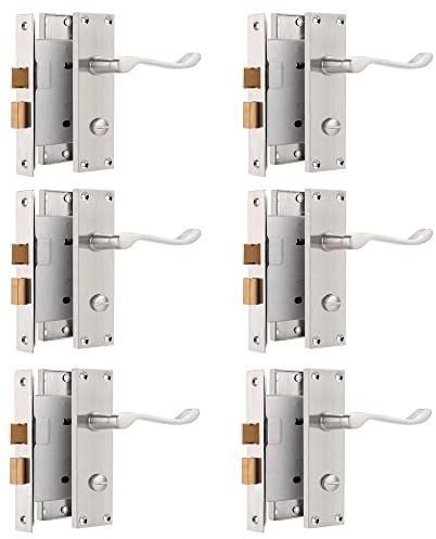 Probrico 6 Victorian Scroll Nickel Door Handle Sets, Internal Door Lock for Bathroom, 2.5 (65mm) Mortice Door Latch Included, Backplate 154mm×40mm