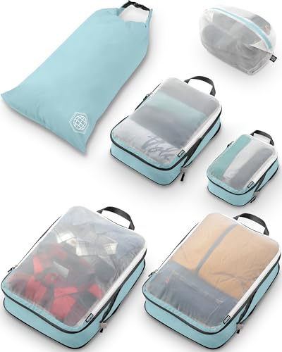 Grande set di cubi da imballaggio con rete trasparente, cubi da imballaggio a compressione organizer da viaggio (color foglia di tè)