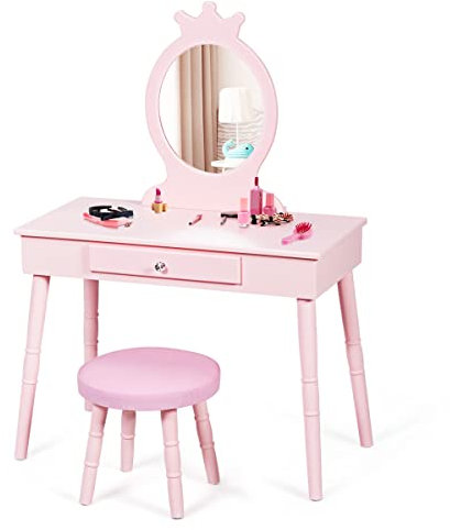 DREAMADE Schminktisch Kinder, Frisiertisch mit Spiegel & Hocker, Kosmetiktisch mit Schublade, Kinderschminktisch für Mädchen (Rosa)