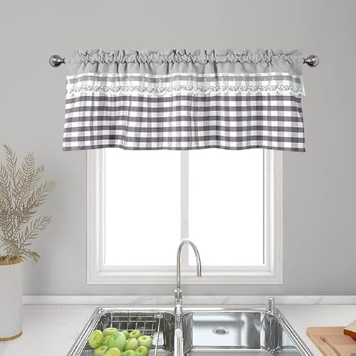 Dreamskull Scheibengardine Küchengardine Küche Kurz Fenster Landhausstil Blickdicht Modern Kurzstore Wohnzimmer Kurzgardinen mit Stangendurchzug Spitze Kariert 145 cm Breit