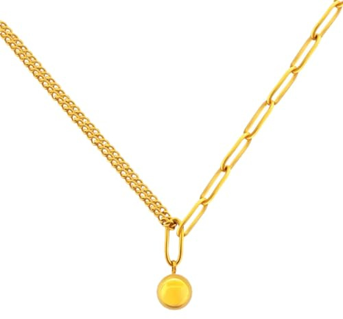 Sahallo Halskette Gold Damen für Layering Ketten Panzerkette Büroklammer Halskette Kugel Kettenanhänger Modeschmuck aus Edelstahl 18k vergoldet mit Schmuckkästchen als modisches stylisches Geschenk