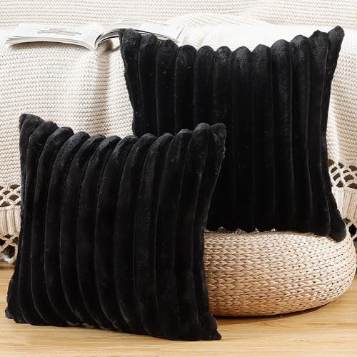 Madizz Set of 2 Faux Fur Plush Decorative Throw Pillow Covers 16x16 inch, 40x40 cm, Black Fluffy Striped Soft Decorative Cushion Cover for Sofa Bedroom Pillow Shell