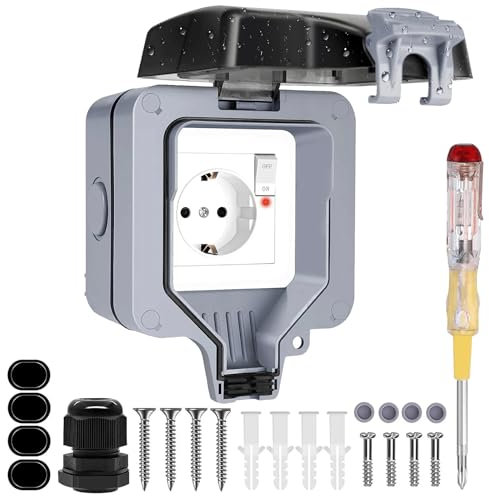Außensteckdose Wasserdicht IP66 Outdoor Steckdose mit Schalter Kontrollleuchte, 1-Fach Wandsteckdose Feuchtraum Aufputz Schutzkontakt Gartensteckdose Staubdicht Wetterfest Steckdose mit Klappdeckel
