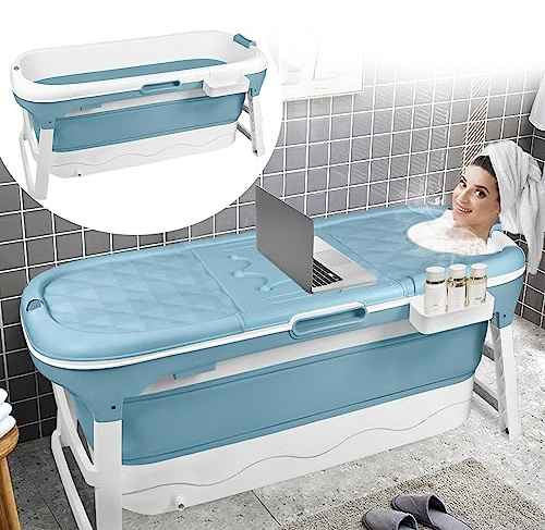 JOIEYOU Vikbart badkar för vuxna, XXL fällbart badkar mobil bärbart sittbadkar, hopfällbart badkar med avtagbart överdrag och badkarshylla, blå (148 x 62 x 53 cm)