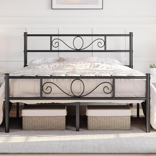 Yaheetech 5ft Bed Frames Metal Platform Bed with Scroll Design Headboard and Footboard for Bedrooms No Box Spring Needed/Underbed Storage/Sturdy Metal Slats Black
