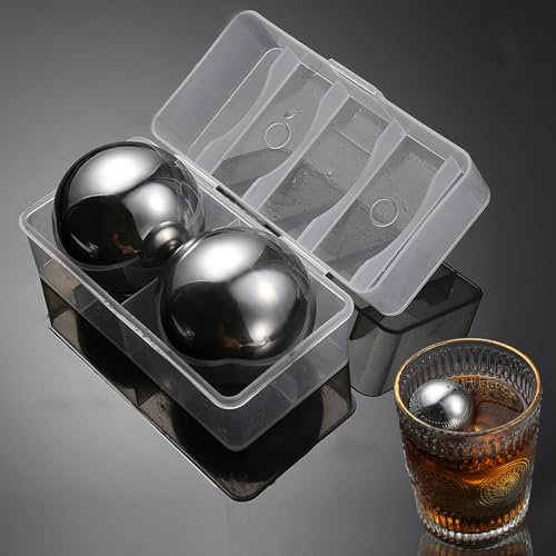 Pack da 2 Ice Cooler Stone Sfera Raffreddamento, Pietre Whisky in Acciaio Inox, Sfera di ghiaccio congelato in acciaio inossidabile con scatola in PP | diametro 55 mm | raffreddamento rapido(Argento)