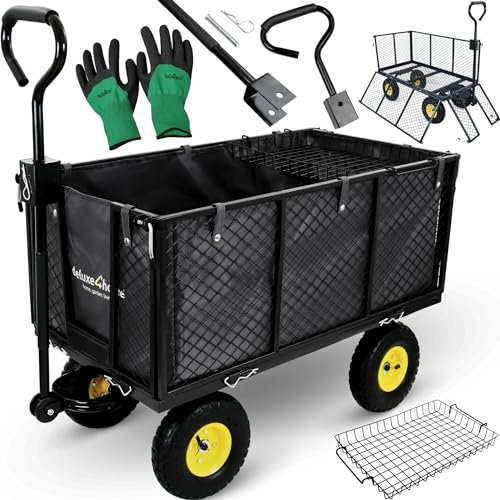 deluxe4home® Bollerwagen bis 550kg Schwarz I Gartenwagen Handwagen Metall klappbar I Gerätewagen Transportwagen I Karren mit Breiten Reifen I Robuster Wagen Rollwagen