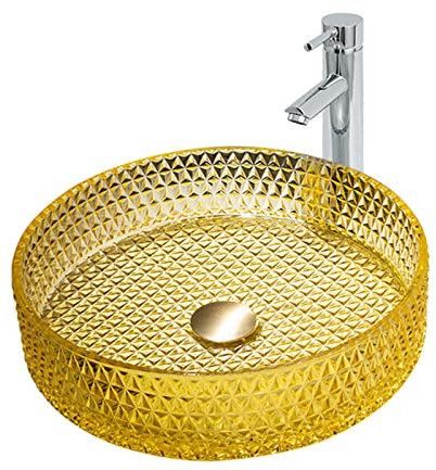 CLRAWSHB Badezimmer-Waschbecken, gelbes Glas-Waschbecken, künstlerische Waschtischwaschbecken mit verchromtem Wasserhahn und goldenem Pop-up-Ablauf