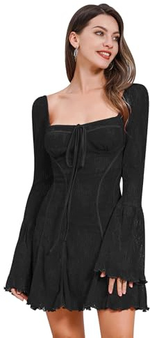 IBAKOM Kleid Damen Gothic Kleid Spitzenkleid TrompetenÄrmel Vintage Kleid Elegant Kleid Hochzeitsgast Damen Minikleid A-Linie Cocktailkleid Abendkleid Kurz Prom Dress Dresses for Women schwarz S