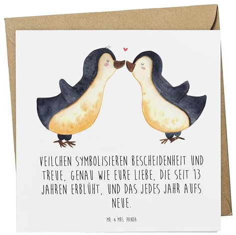 Mr. & Mrs. Panda Glückwunschkarte 13. Hochzeitstag Veilchenhochzeit - Geschenk, Geschenke, Ehejubiläum, faltkarte, Jubiläum, Ehe, glückliche, Klappkarte, Grußkarte, Heirat, Heiraten, doppelkarte