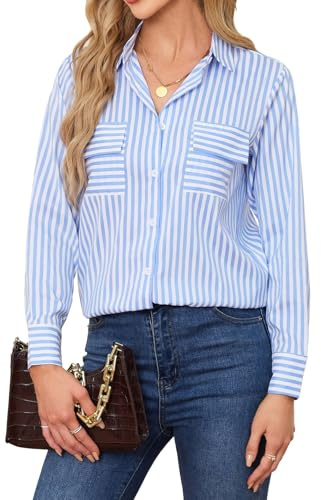 SPRING SEAON Damen Bluse mit Streifen – Elegante Langarm Hemdbluse mit Knopfleiste, Business Casual Oberteil, Locker & Bequem für Büro und Alltag